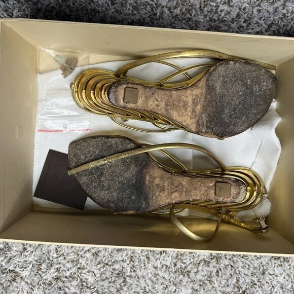 RARE Louis Vuitton Metallic Gold Strappy Shoes Sandal Wedge/Heel Combo - Picture 2 of 4